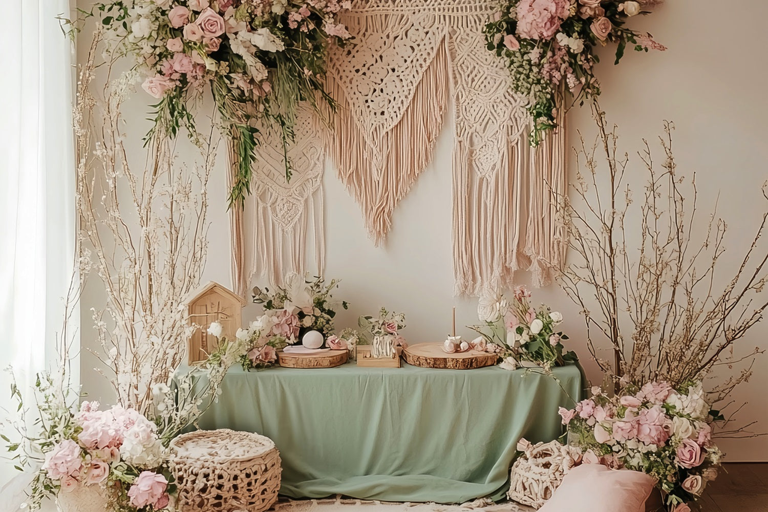 Boho Decor Backdrop Macramé Floral Table Backdrop UK BRP10-588