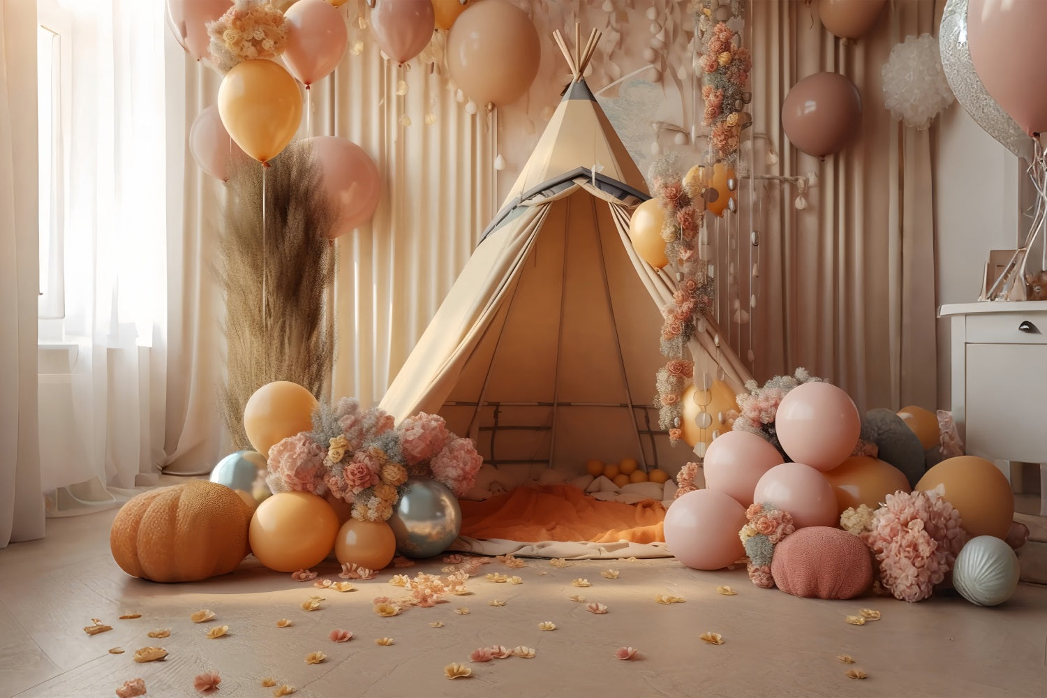 Bohemian Party Backdrops Balloon Floral Teepee Backdrop UK BRP10-599