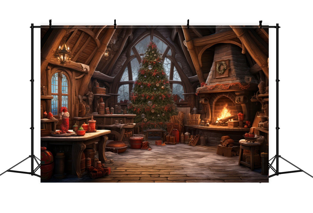 Christmas Fireplace Backdrop Tree Santa's Workshop Backdrop UK BRP10-614