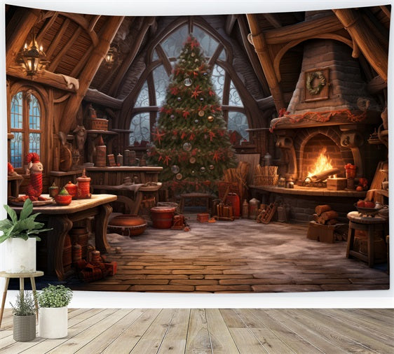 Christmas Fireplace Backdrop Tree Santa's Workshop Backdrop UK BRP10-614