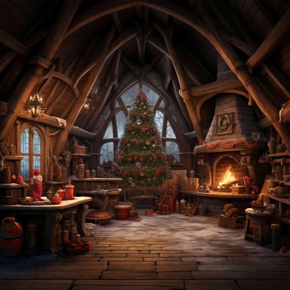 Christmas Fireplace Backdrop Tree Santa's Workshop Backdrop UK BRP10-614