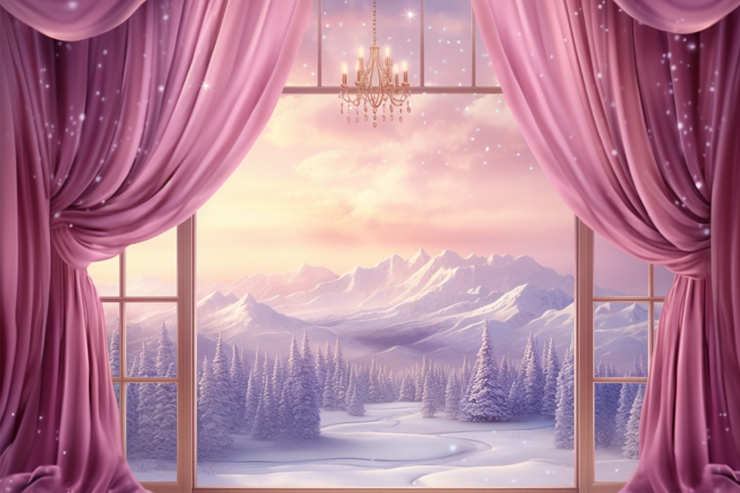 Winter Snow-Covered Mountains Seen Through Window Backdrop UK BRP10-7