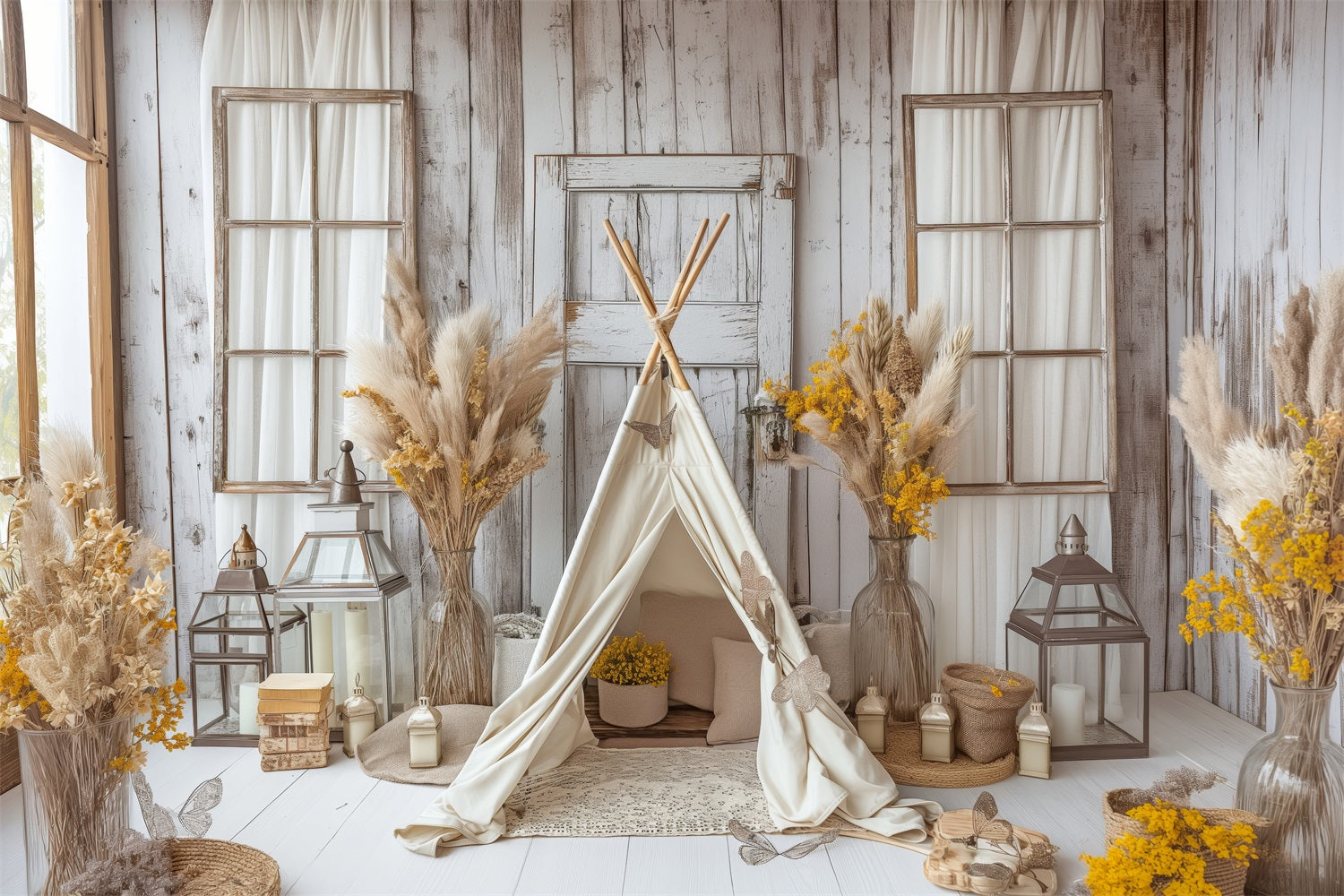 Cozy Teepee Natural Floral Boho Backdrop UK BRP10-86