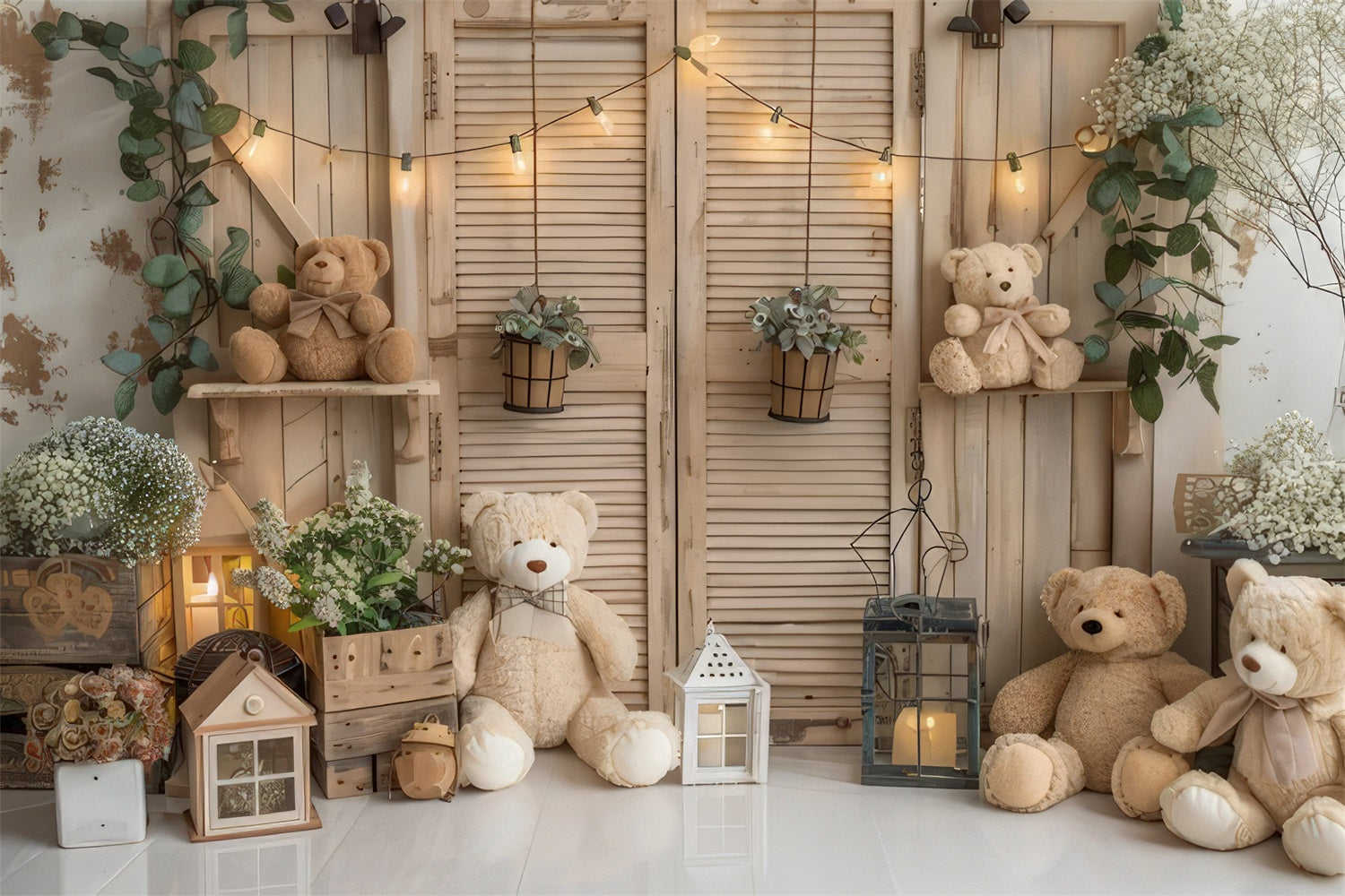 Cozy Boho Teddy Bears Rustic Room Backdrop UK BRP10-89