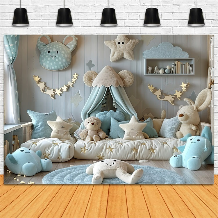 Cozy Starry Blue Teddy Bear Boho Backdrop UK BRP10-97