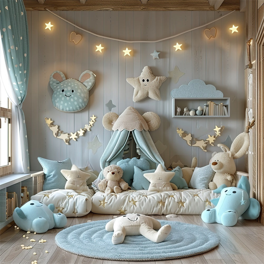 Cozy Starry Blue Teddy Bear Boho Backdrop UK BRP10-97