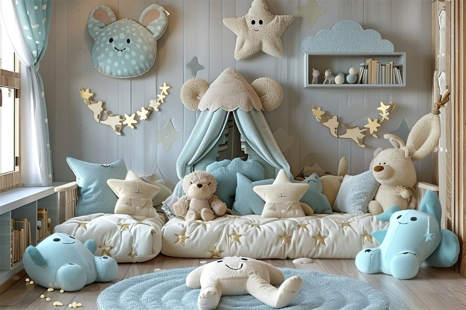 Cozy Starry Blue Teddy Bear Boho Backdrop UK BRP10-97