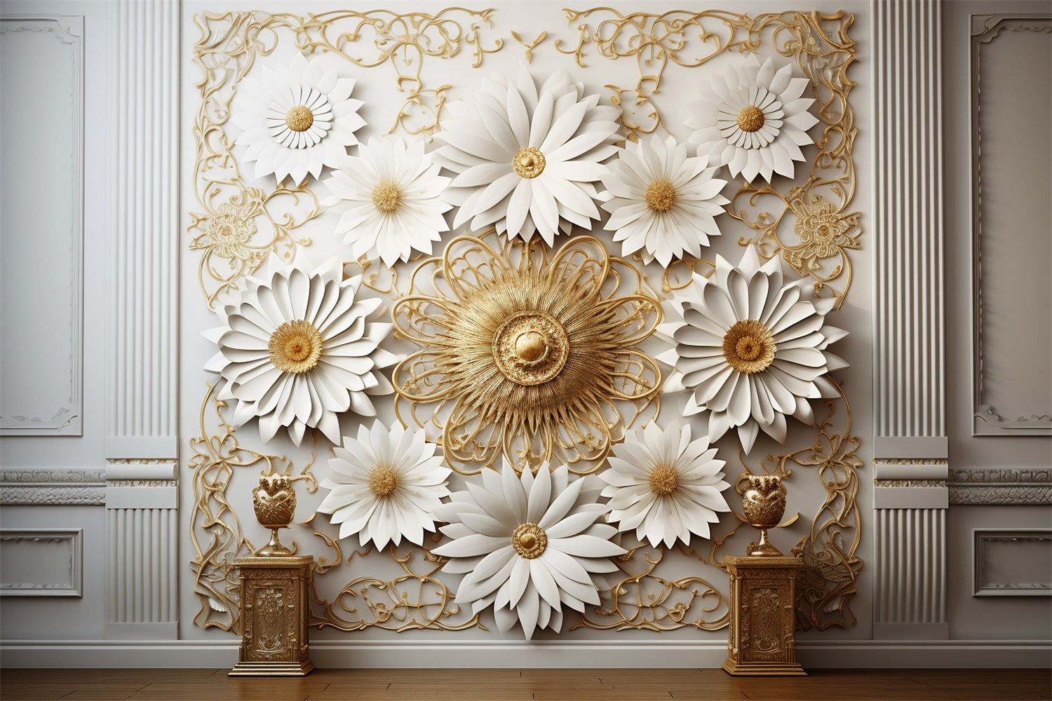 Boho Luxury White Gold Flower Wall Backdrop UK BRP10-98