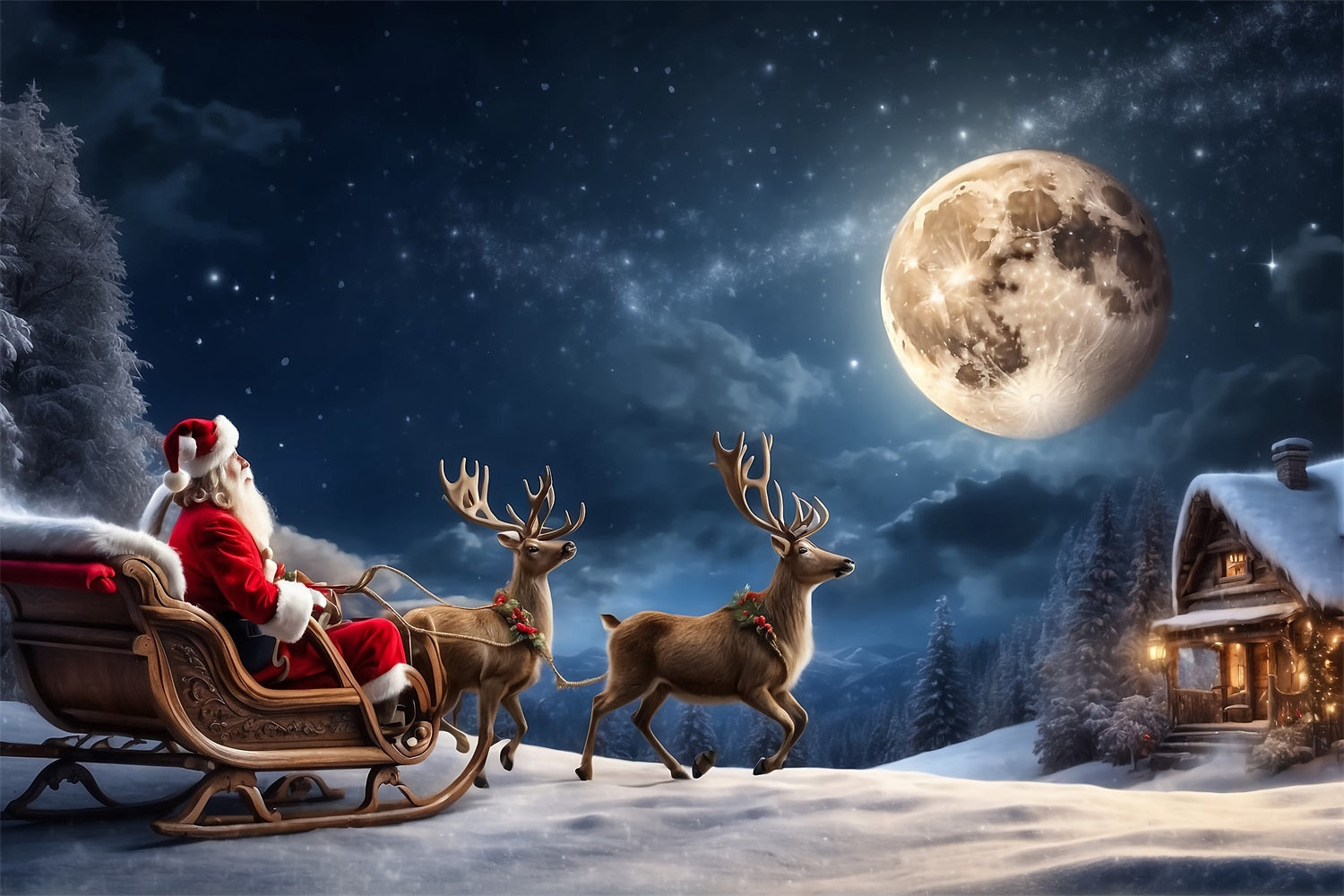 Fabric Christmas Backdrops Santa's Sleigh Moonlit Backdrop UK BRP11-119