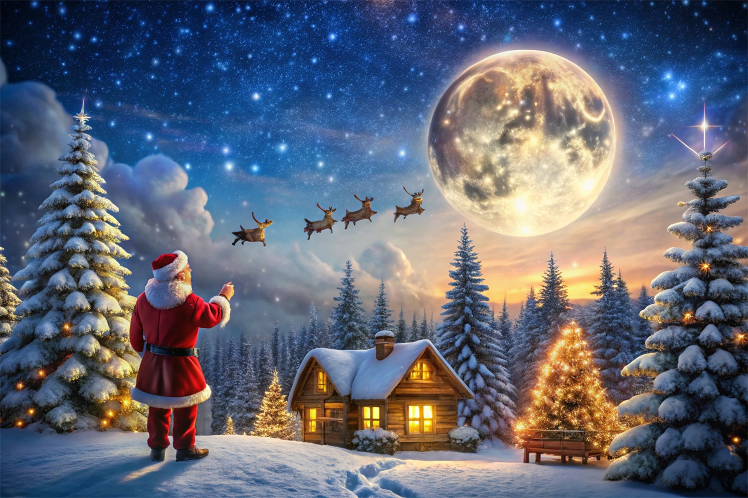 Christmas Fabric Backdrop Moonlit Cabin Santa Magic Backdrop UK BRP11-122