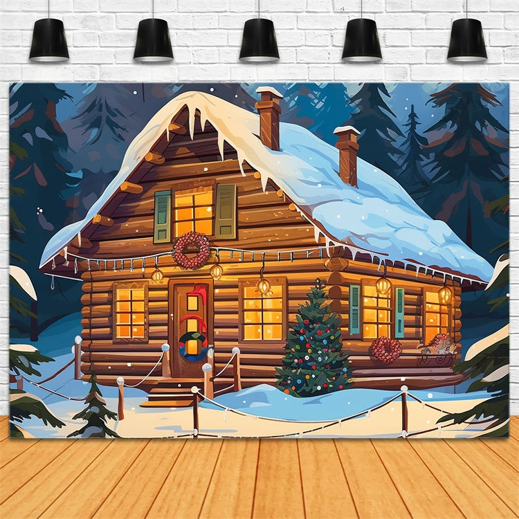 Christmas Photo Backdrop Cabin Snowy Forest Backdrop UK BRP11-156