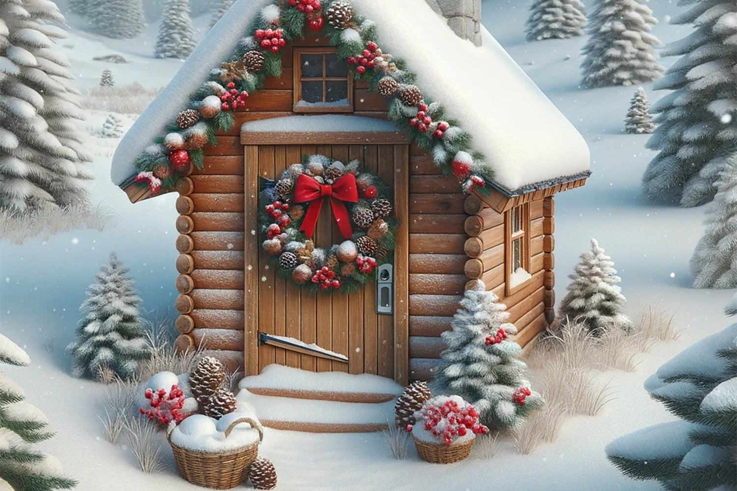 Backdrop Christmas Snow-Dusted Cabin Vibrant Wreath Backdrop UK BRP11-157