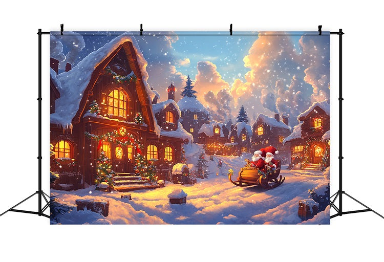 Photography Backdrops Christmas Santa's Sleigh Village Lights Backdrop UK BRP11-159