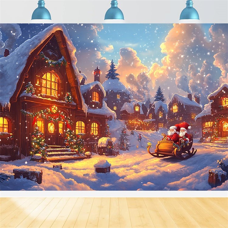 Photography Backdrops Christmas Santa's Sleigh Village Lights Backdrop UK BRP11-159