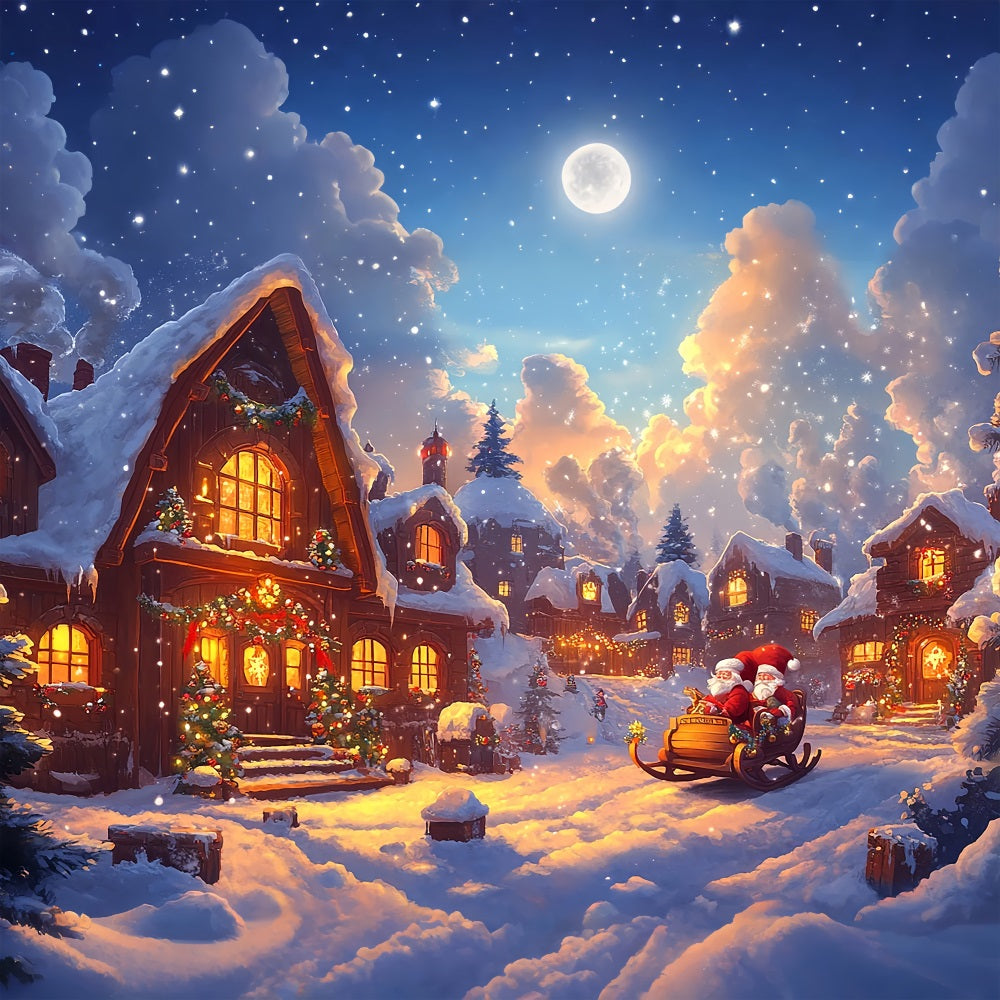 Photography Backdrops Christmas Santa's Sleigh Village Lights Backdrop UK BRP11-159