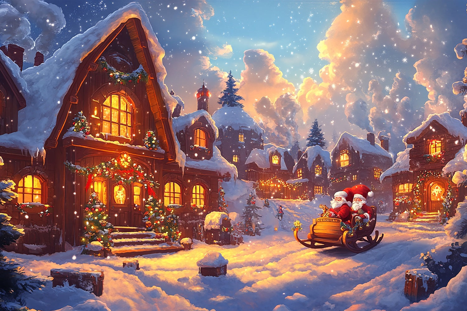 Photography Backdrops Christmas Santa's Sleigh Village Lights Backdrop UK BRP11-159