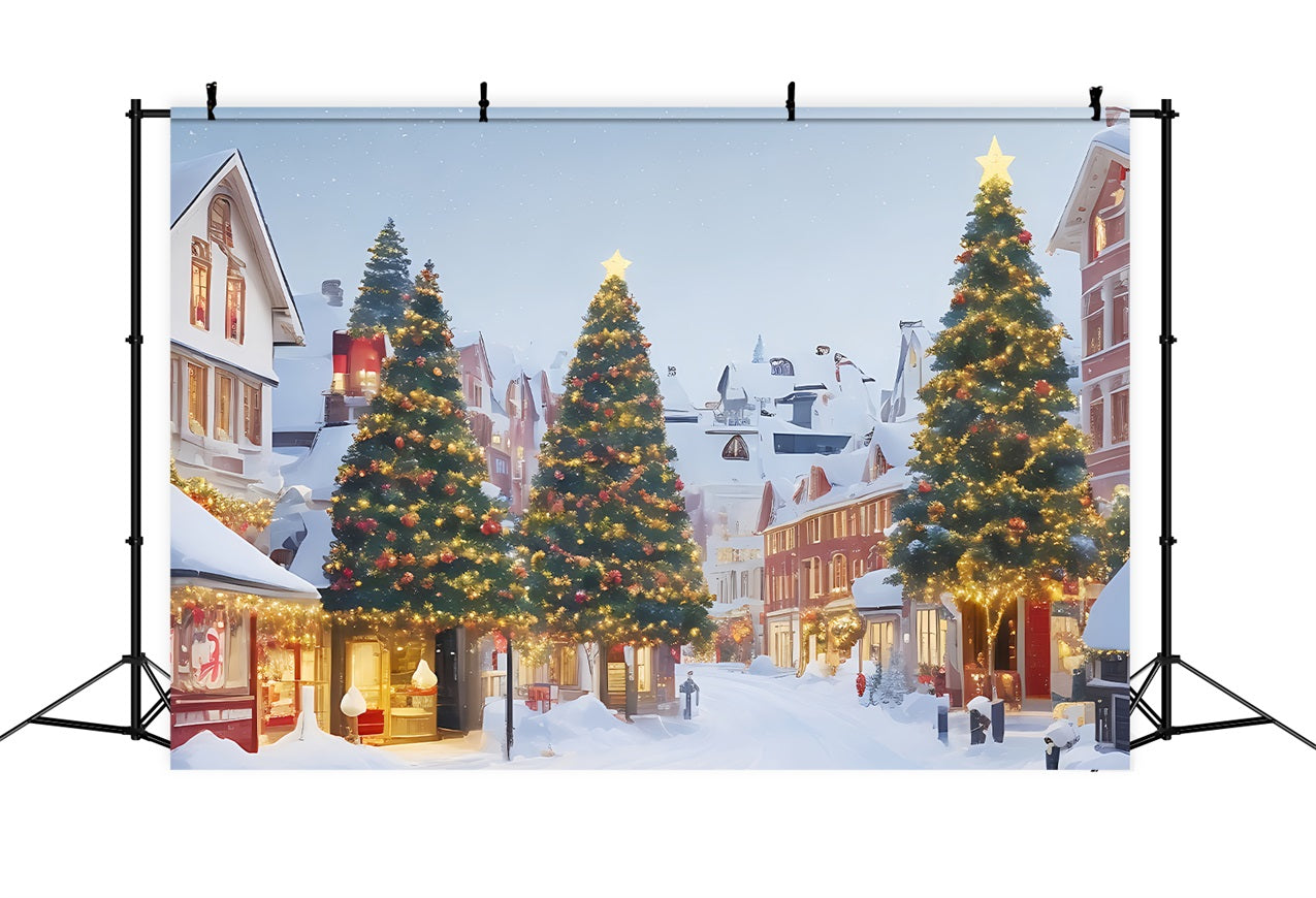 Christmas Village Backdrop Snowy Scene Lit Trees Backdrop UK BRP11-166