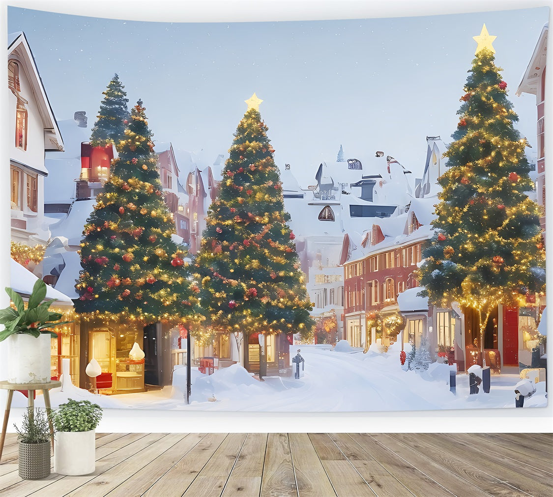 Christmas Village Backdrop Snowy Scene Lit Trees Backdrop UK BRP11-166