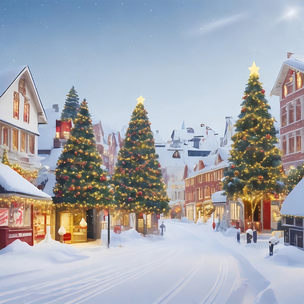 Christmas Village Backdrop Snowy Scene Lit Trees Backdrop UK BRP11-166