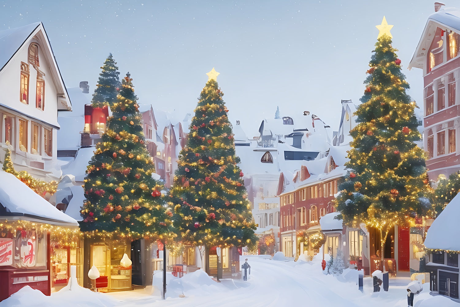 Christmas Village Backdrop Snowy Scene Lit Trees Backdrop UK BRP11-166