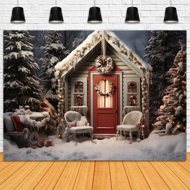 Christmas Backdrop Snowy Cottage Front Porch Backdrop UK BRP11-169