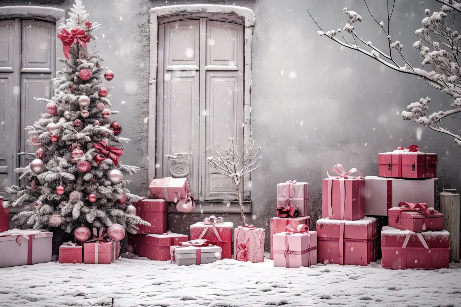 Christmas Snow Backdrop Pink Gift Scene Backdrop UK BRP11-174