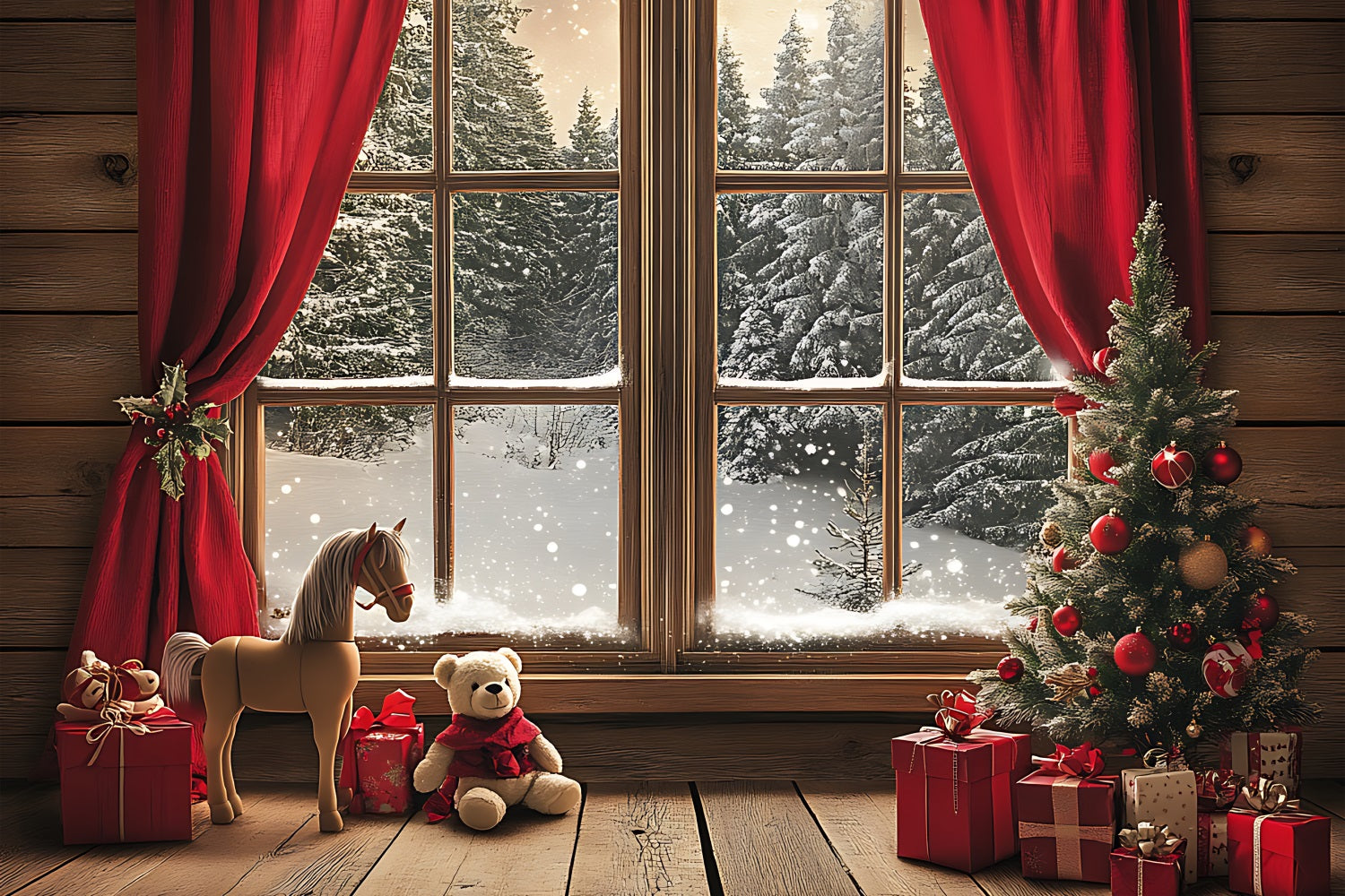 Christmas Theme Backdrop Cabin View Through Window Backdrop UK BRP11-176