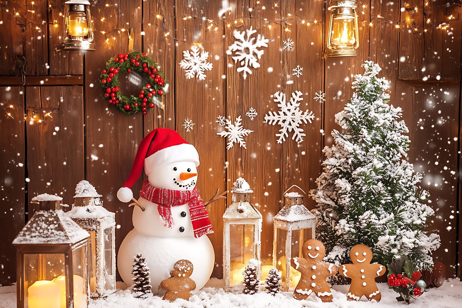 Merry Christmas Photo Backdrop Lantern Snowman Tree Backdrop UK BRP11-177