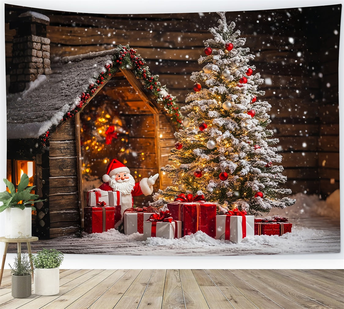 Christmas Tree Backdrop Snowy Santa Claus Cabin Backdrop UK BRP11-179