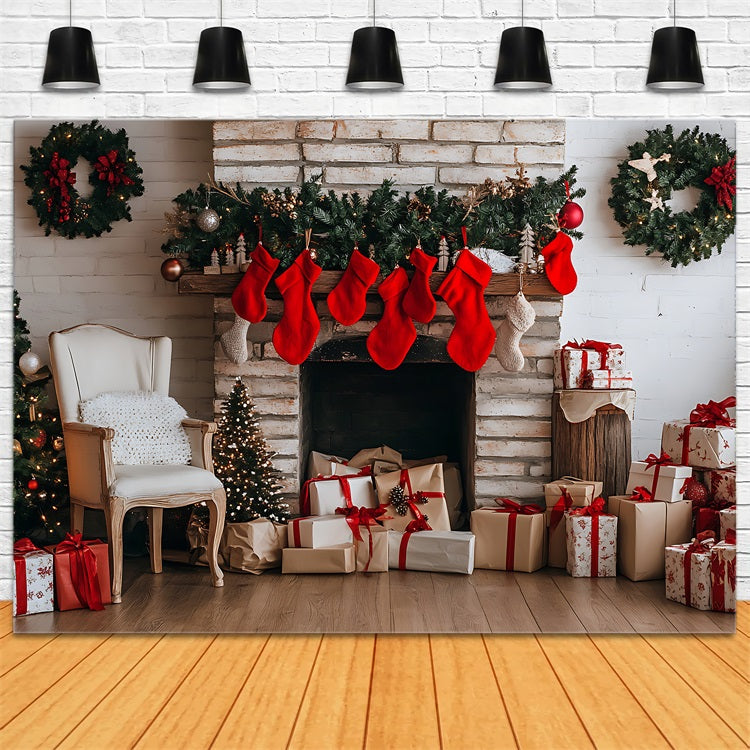 Christmas Fireplace Backdrop Stockings Decor Backdrop UK BRP11-180