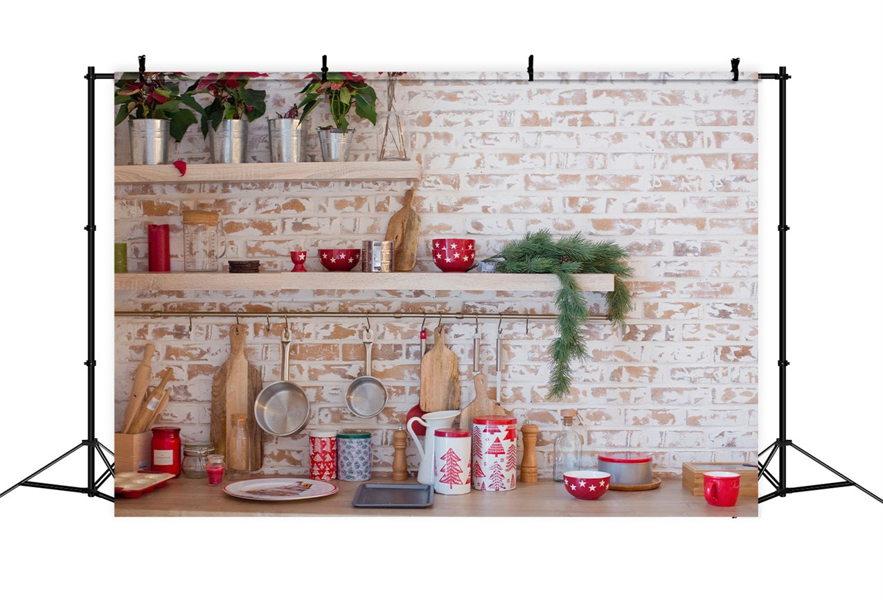 Christmas Kitchen Photography Backdrop Brick Wall Decor Backdrop UK BRP11-187