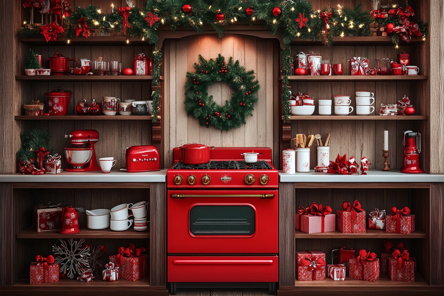 Photography Christmas Backdrop Red Oven Kitchen Decor Backdrop UK BRP11-192