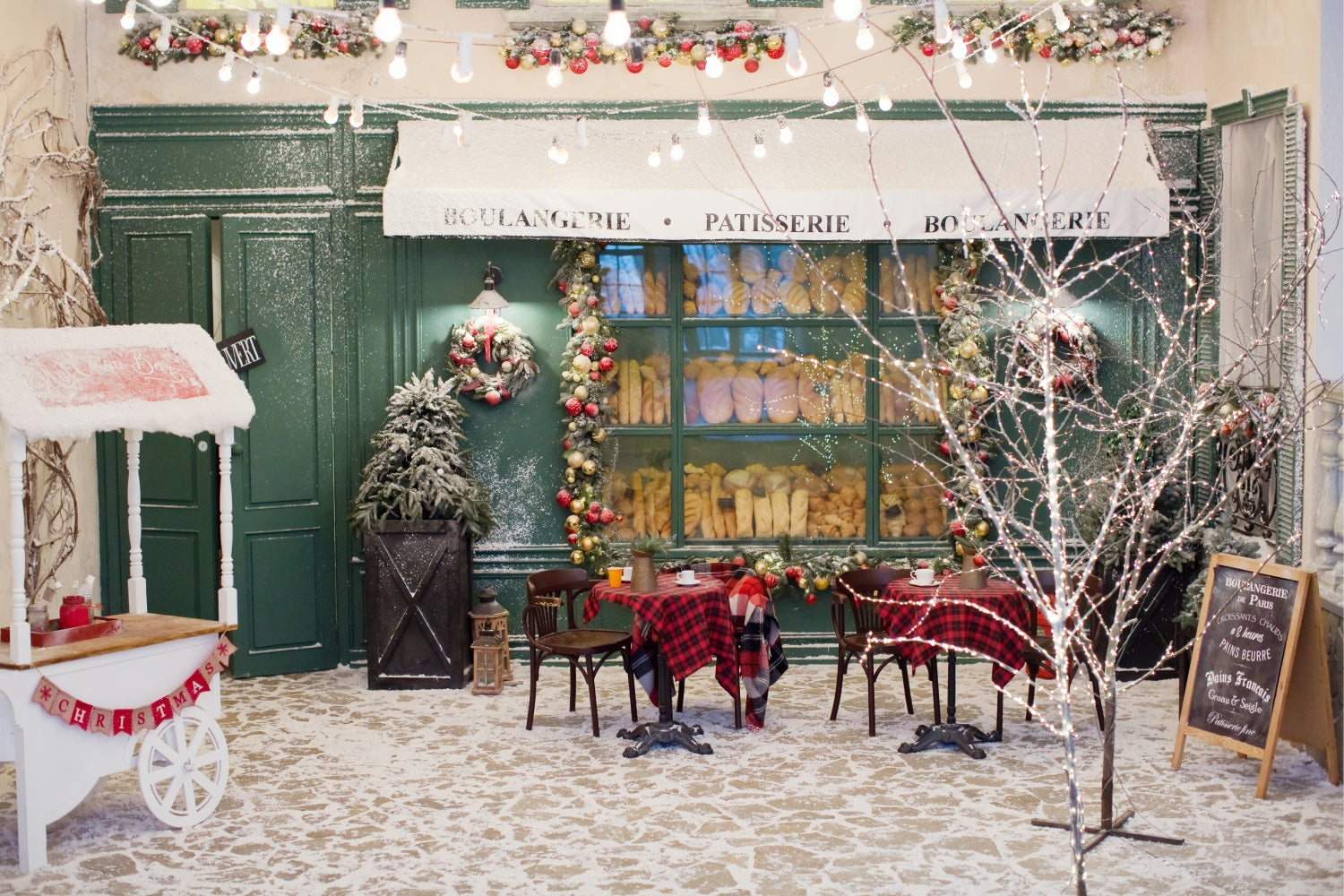 Christmas Tree Backdrops Snow-Covered Boulangerie Lights Backdrop UK BRP11-201