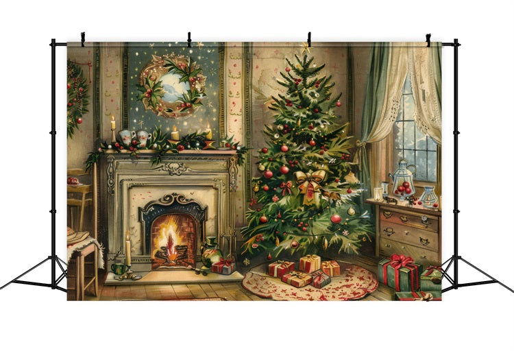 Fireplace Backdrop Christmas Tree Wreath Scene Backdrop UK BRP11-211