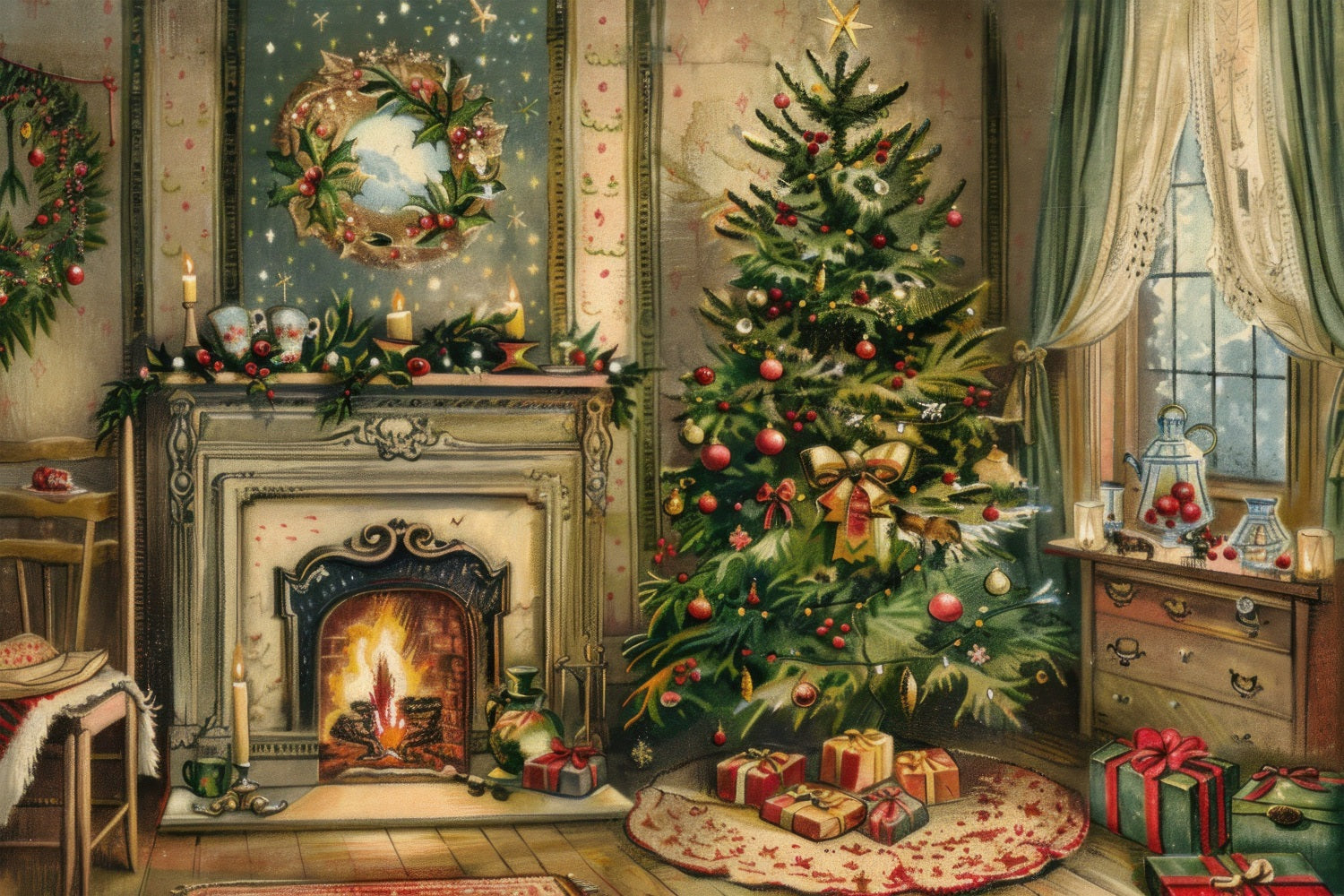 Fireplace Backdrop Christmas Tree Wreath Scene Backdrop UK BRP11-211