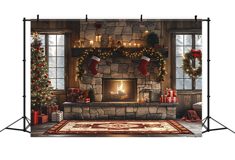 Fireplace Christmas Backdrop Festive Garland Tree Backdrop UK BRP11-212