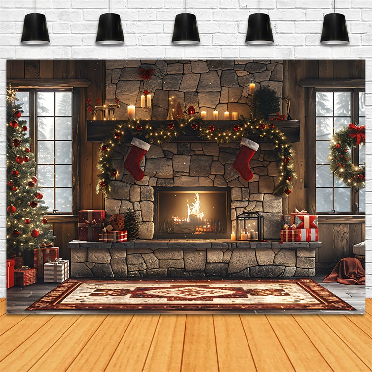 Fireplace Christmas Backdrop Festive Garland Tree Backdrop UK BRP11-212