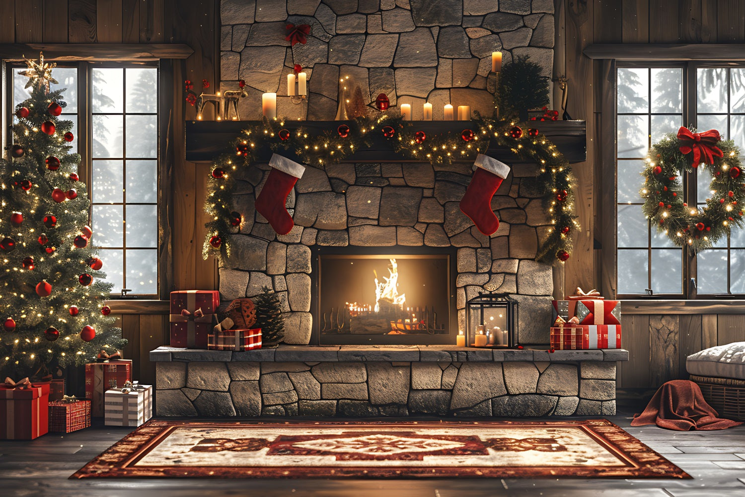 Fireplace Christmas Backdrop Festive Garland Tree Backdrop UK BRP11-212