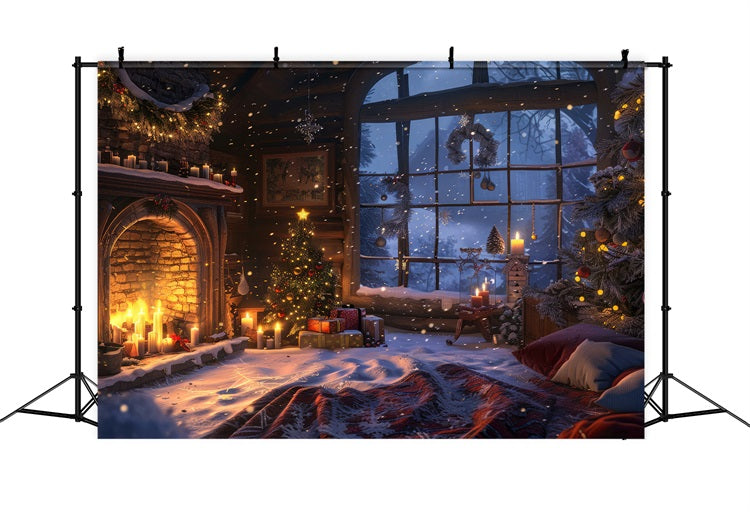 Christmas Fireplace Photo Backdrop Candle-Lit Winter Window Backdrop UK BRP11-213