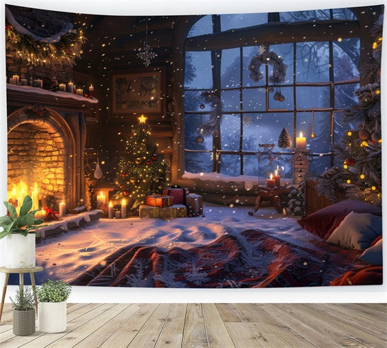 Christmas Fireplace Photo Backdrop Candle-Lit Winter Window Backdrop UK BRP11-213