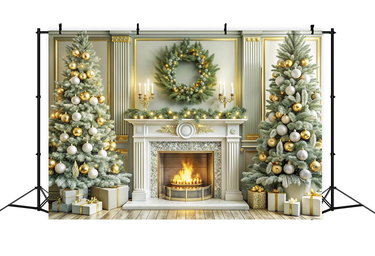 Christmas Fireplace Backdrops Golden Festive Trees Backdrop UK BRP11-214