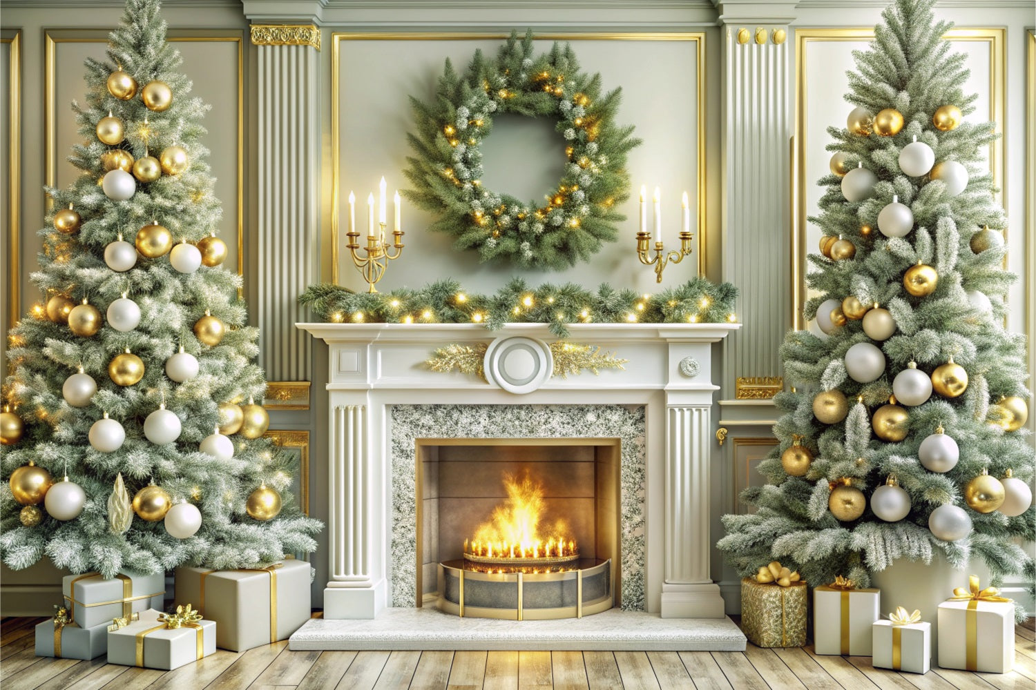 Christmas Fireplace Backdrops Golden Festive Trees Backdrop UK BRP11-214