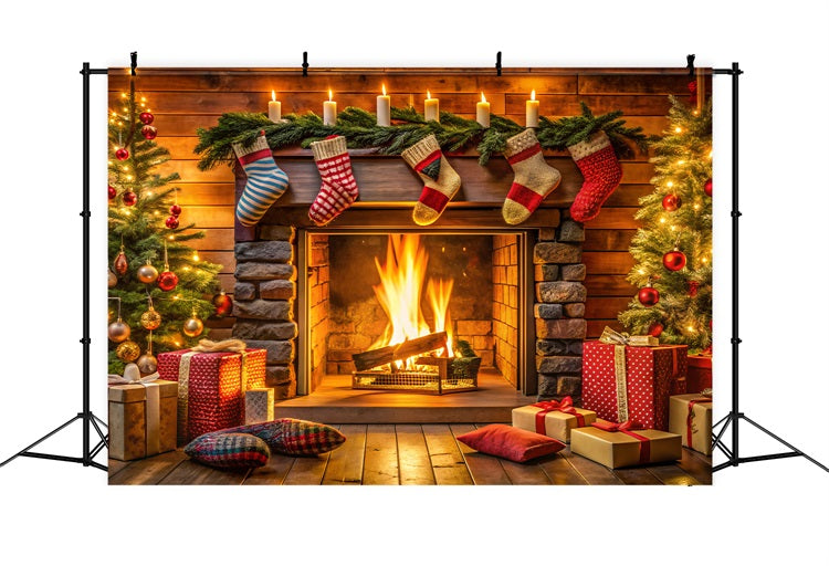 Christmas Backdrop With Fireplace Stockings Decor Backdrop UK BRP11-216