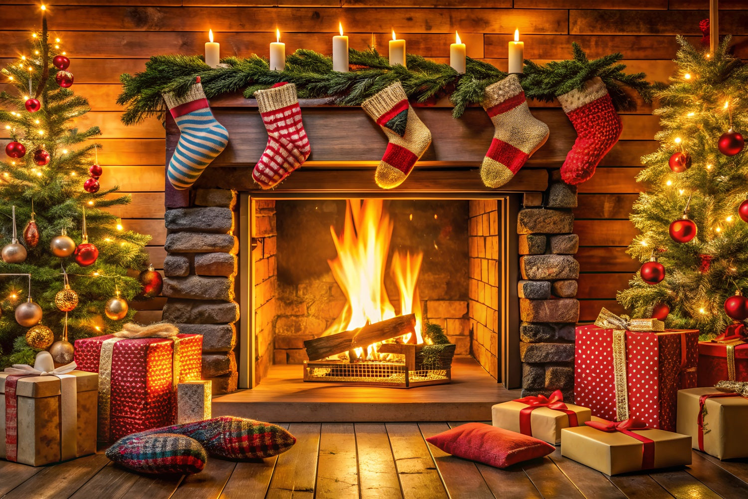 Christmas Backdrop With Fireplace Stockings Decor Backdrop UK BRP11-216