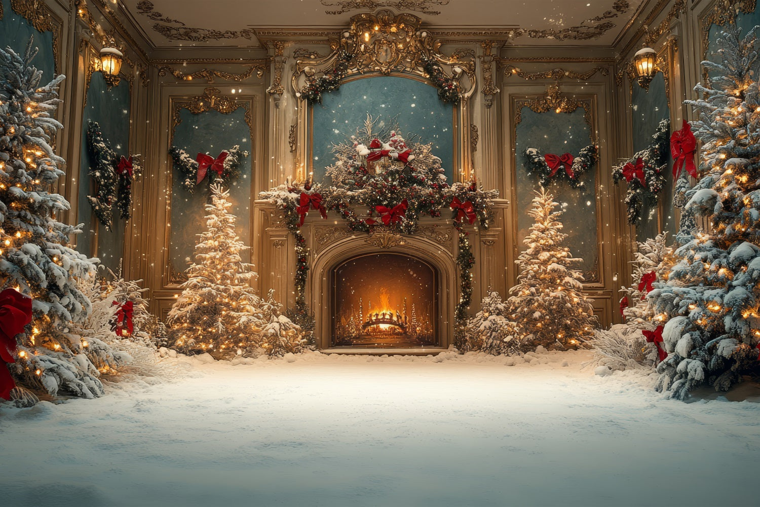 Christmas Fireplace Backdrop Trees Snowy Ballroom Backdrop UK BRP11-217