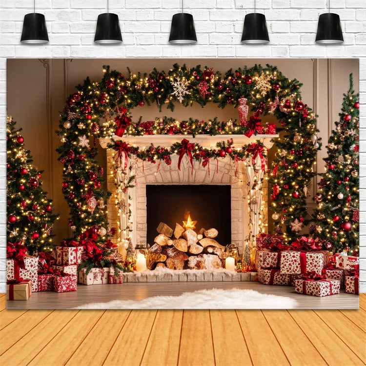 Fireplace Christmas Photography Backdrop Garland Ornaments Backdrop UK BRP11-220