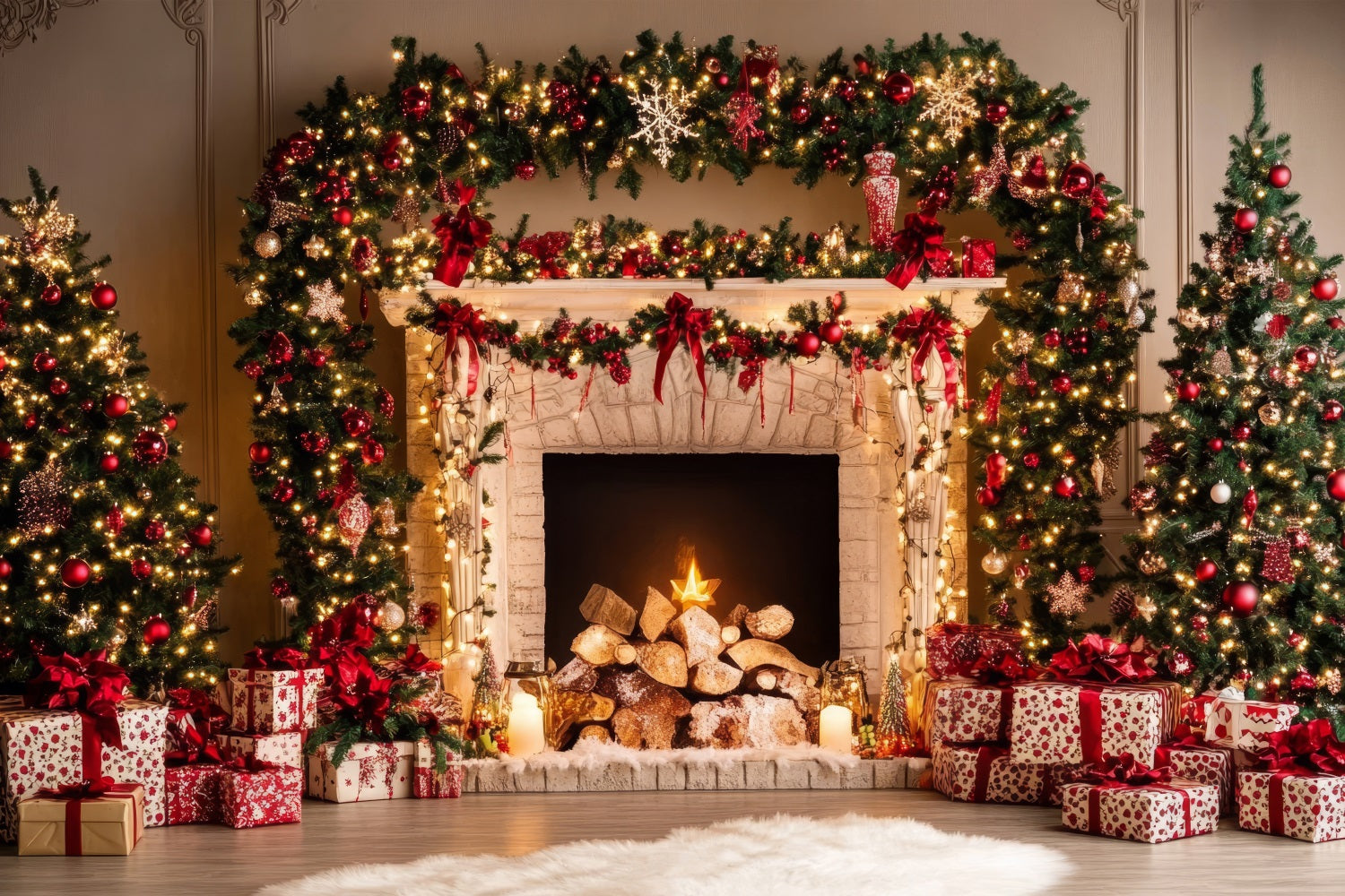 Fireplace Christmas Photography Backdrop Garland Ornaments Backdrop UK BRP11-220