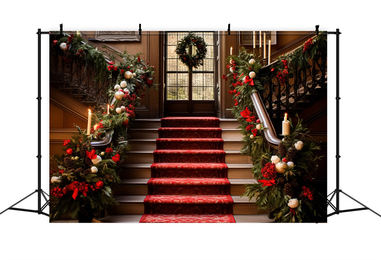 Elegant Christmas Backdrop Staircase Red Carpet Garland Backdrop UK BRP11-237