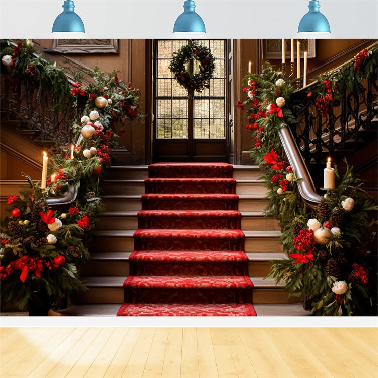 Elegant Christmas Backdrop Staircase Red Carpet Garland Backdrop UK BRP11-237