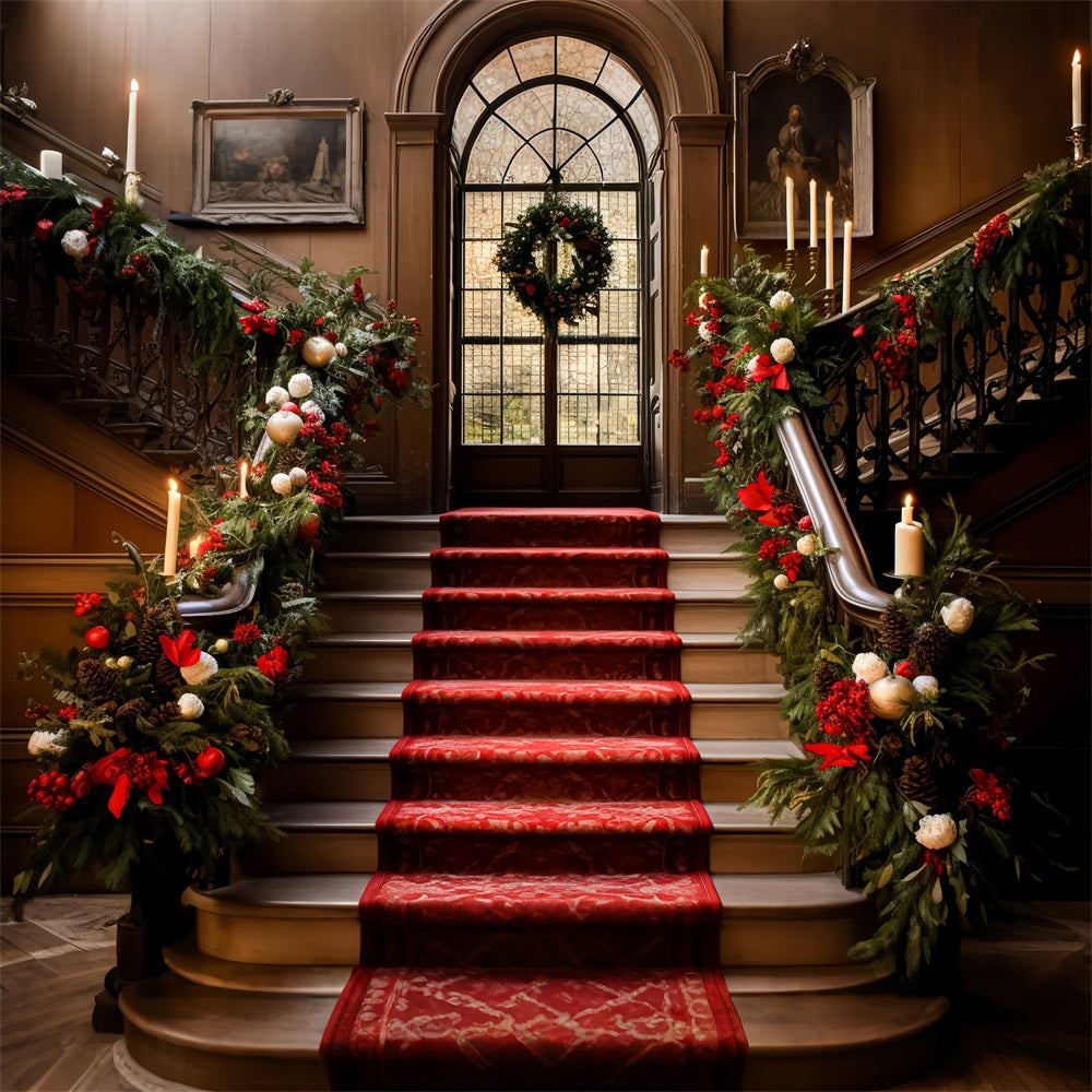 Elegant Christmas Backdrop Staircase Red Carpet Garland Backdrop UK BRP11-237